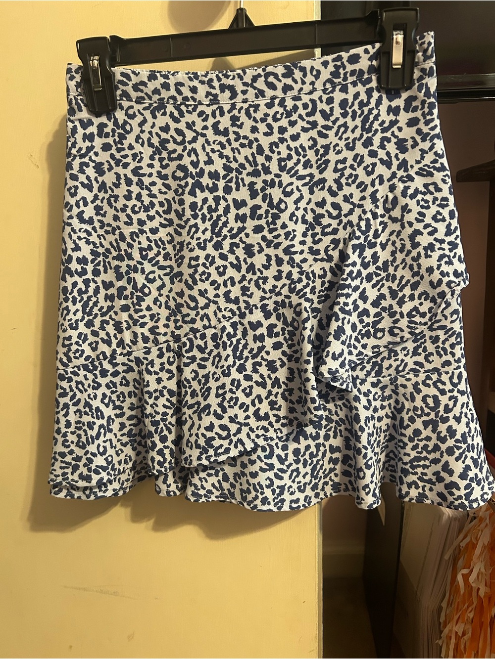 Blue Leopard Print Ruffle Hem Mini Skirt